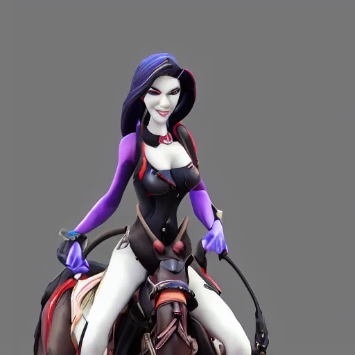 Image similar to widowmaker overwatch in the desert riding on a horse, black and red jacket, collar around neck, very detailed face, feminine face, full body