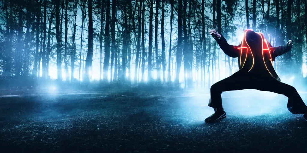 Image similar to slow motion film still of futuristic break dancer wearing dark suit with neon lights, long exposure shot , at night in the middle of a rainy forest, rim lights, glossy reflections, octane render, detailed and soft