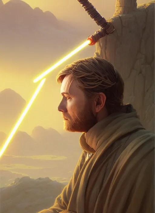 Image similar to Highly detailed portrait of Obi-wan saying I have the high ground, Stephen Bliss, unreal engine, fantasy art by Greg Rutkowski, Loish, Rhads, ferdinand knab, Makoto Shinkai and Lois van baarle, ilya kuvshinov, rossdraws, Tom Bagshaw, alphonse mucha, global illumination, radiant light, detailed and intricate environment