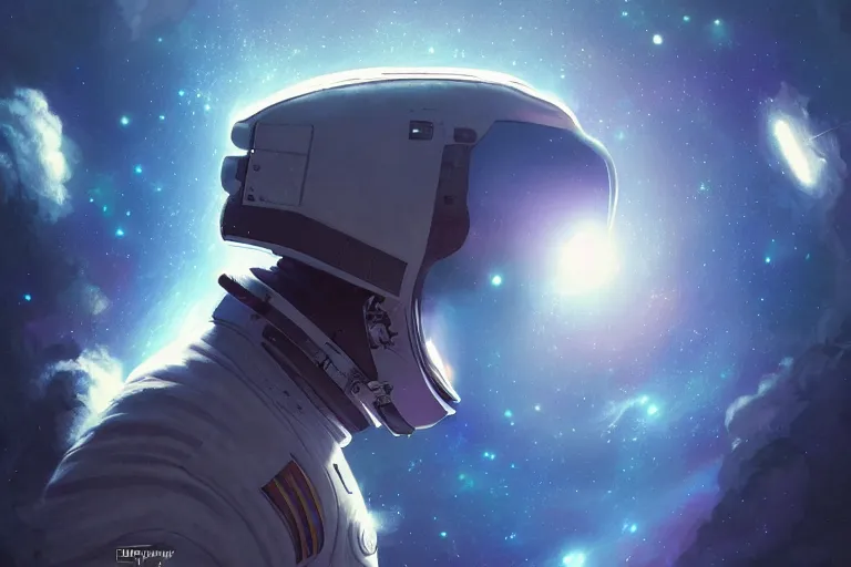 Image similar to ultra realistic digital painting of an astronaut floating in space, by greg rutkowski and artgerm, detailed, intricate, sharp focus, symmetry, sci - fi, fantasy, neon lights, galaxies, stars, space, realism, artstation, cinematic lighting, portrait, trippy, psychedelic art