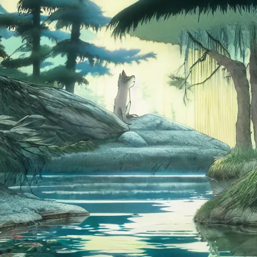 Image similar to wolf, forest, drinking water from an illuminated pool, hayao miyazaki, masashi ando, nizou yamamoto, kazuo oga, joe hisaishi, yoji takeshige, naoya tanaka