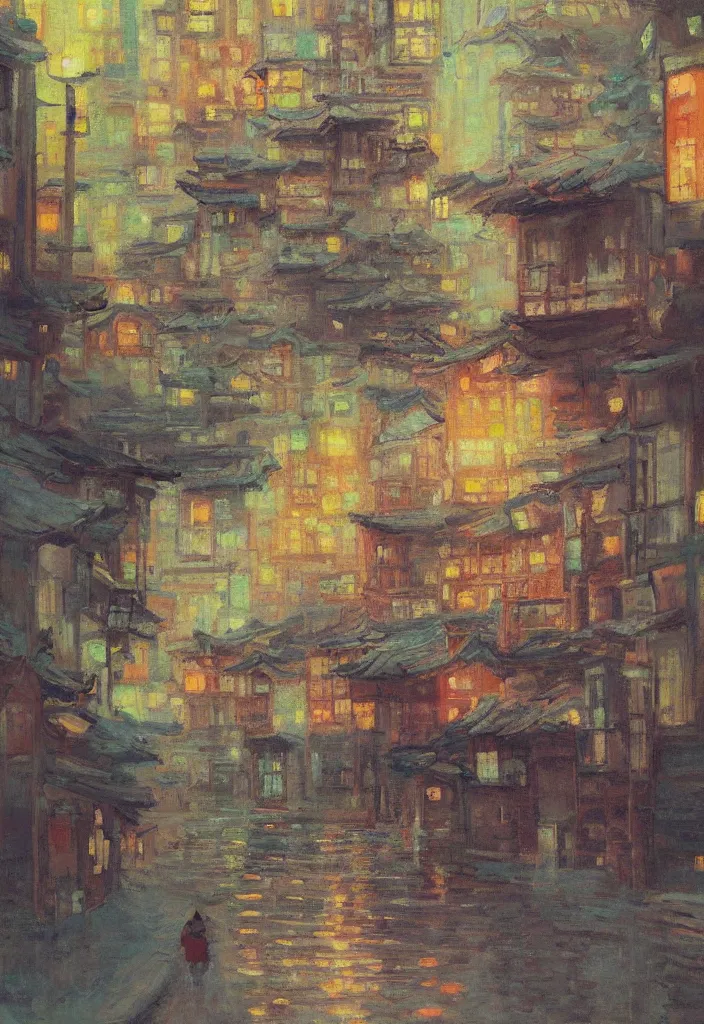 Image similar to a beautiful japanese city near the sea, amazing ryokans and gorgeous edo era houses, cyberpunk, lofi vibe, colorful, vivide colors, oil painting in impressionist style, by jeremy lipkin, by claude monet, by makoto shinkai, multiple brush strokes, inspired by ghibli, masterpiece, beautiful