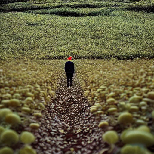 Image similar to “8k photograph man walking through field of mushrooms. National Geographic.”