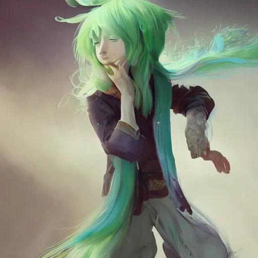 Image similar to a beautiful fullbody portrait of an anime boy with long straight green hair in a western fantasy bard style. character design by cory loftis, fenghua zhong, ryohei hase, ismail inceoglu and ruan jia. artstation, volumetric light, detailed, photorealistic, fantasy, rendered in octane