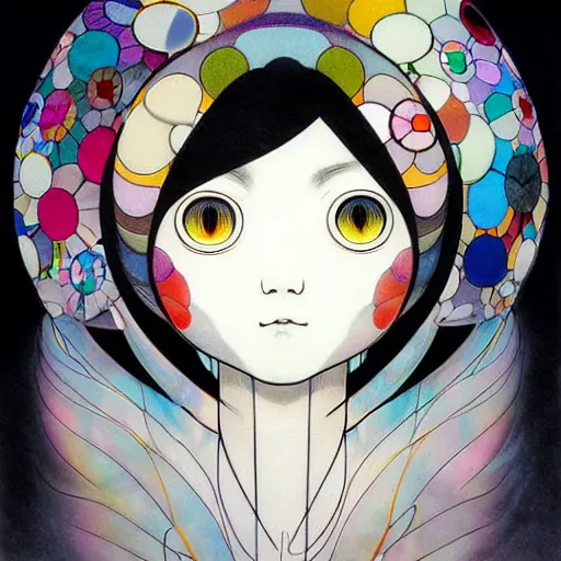 Image similar to prompt: Fragile looking soft light portrait face drawn by Takashi Murakami and Katsuhiro Otomo, inspired by Ghost in Shell anime, magical and alchemical objects on the side, soft light, monochrome background, intricate detail, intricate ink painting detail, sharp high detail, manga and anime 2000