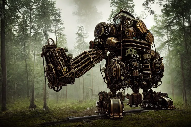 Image similar to steampunk colossal mech fortress travels across a swedish forest very low angle photograph trending on artstation