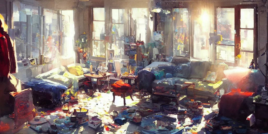 Image similar to A ultradetailed beautiful panting of a messy moders apartment, bright sunny day, Oil painting, by Ilya Kuvshinov, Greg Rutkowski and Makoto Shinkai