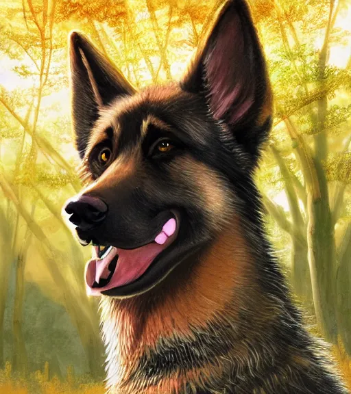 Prompt: close up character portrait icon of the anthro anthropomorphic very cute german shepard trader head animal person fursona wearing clothes standing in the bright forest, hidari, color page, tankoban, 4 k, tone mapping, akihiko yoshida