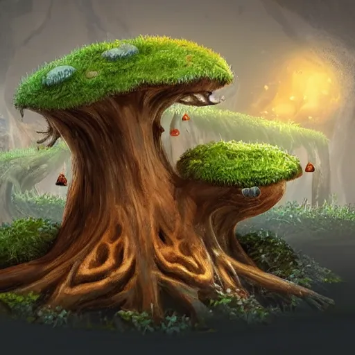 Image similar to a gnarled ancient wooden tree stump with mushrooms growing out of it, organic, highly detailed, concept art, sprite from a gorgeous indie platform game, on a black background