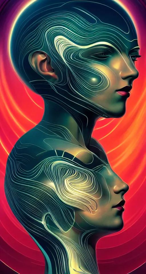 Prompt: art deco close up portait of head surrounded by spheres, like a dream digital painting curvalinear cinematic dramatic fluid lines otherworldly vaporwave interesting details epic composition by artgerm