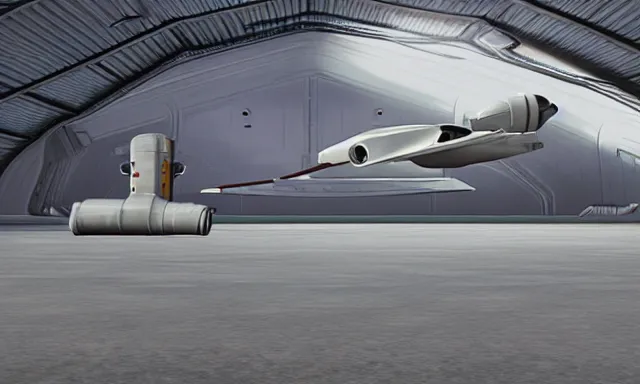 Prompt: matte painting, digital painting, high quality, unreal engine 5, spaceship in hangar