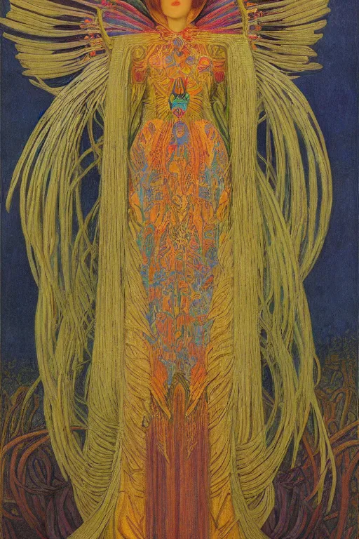 Image similar to queen of spring, by jean delville and Tino Rodriguez and Diego Rivera , elaborate headdress and embroidered velvet, iridescent beetles, rich color, dramatic cinematic lighting, extremely detailed