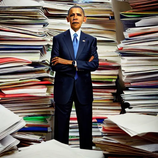 Image similar to obama nervously standing by a mountain of papers, ( eos 5 ds r, iso 1 0 0, f / 8, 1 / 1 2 5, 8 4 mm, postprocessed, crisp face, facial features )