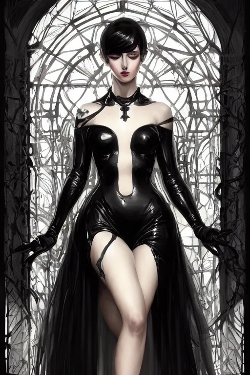 Image similar to beautiful pale gothic girl in black latex intricate, symmetrical front, elegant, highly detailed, digital painting, artstation, concept art, smooth, sharp focus, illustration, art by artgerm and greg rutkowski and alphonse mucha