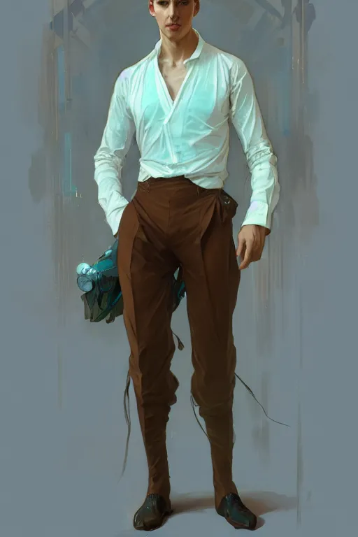 Prompt: full figure portrait of a single beautiful young fit man, dressed of modern transparent fluent shirt and large pants, by greg rutkowski and alphonse mucha, d & d character, gradient brown to cyan, interior design background, highly detailed portrait, digital painting, artstation, concept art, smooth, sharp focus ilustration, artstation hq