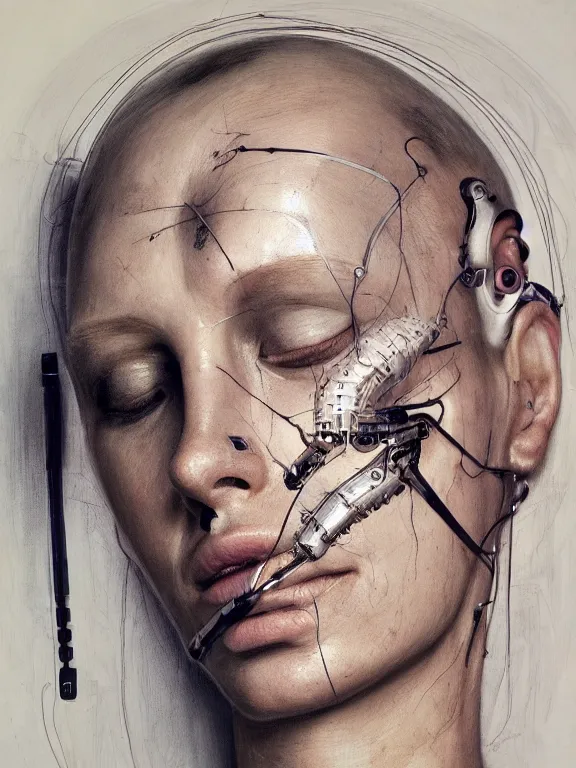 Image similar to cybernetic implants on face, metal jaw, usb port on forehead, portrait by jenny saville, calm, serene, relaxing, muted, naturalistic, minimalist