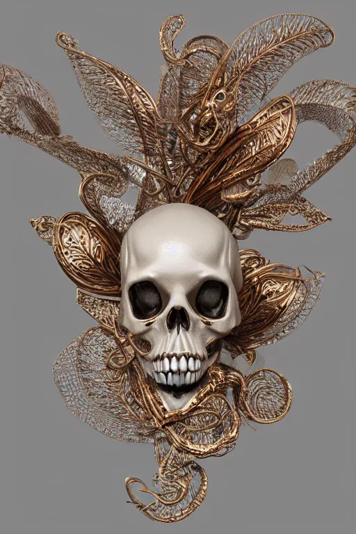 Prompt: complex 3d render ult ra detailed of a porcelain skull and serpent spine, 150 mm, accent lighting, beautiful studio soft light, rim light, silver gold red details, luxurious, big filigran ultra detailed leaves and stems, Alexander Mcqueen, haute couture, fine foliage lace, mesh wire, filigran intricate details, hyper realistic, mandelbrot fractal, anatomical, silver metal armor, facial muscles, cable wires, microchip, elegant, white background, beautiful white teeth, beautiful lips, octane render, H.R. Giger style, 8k