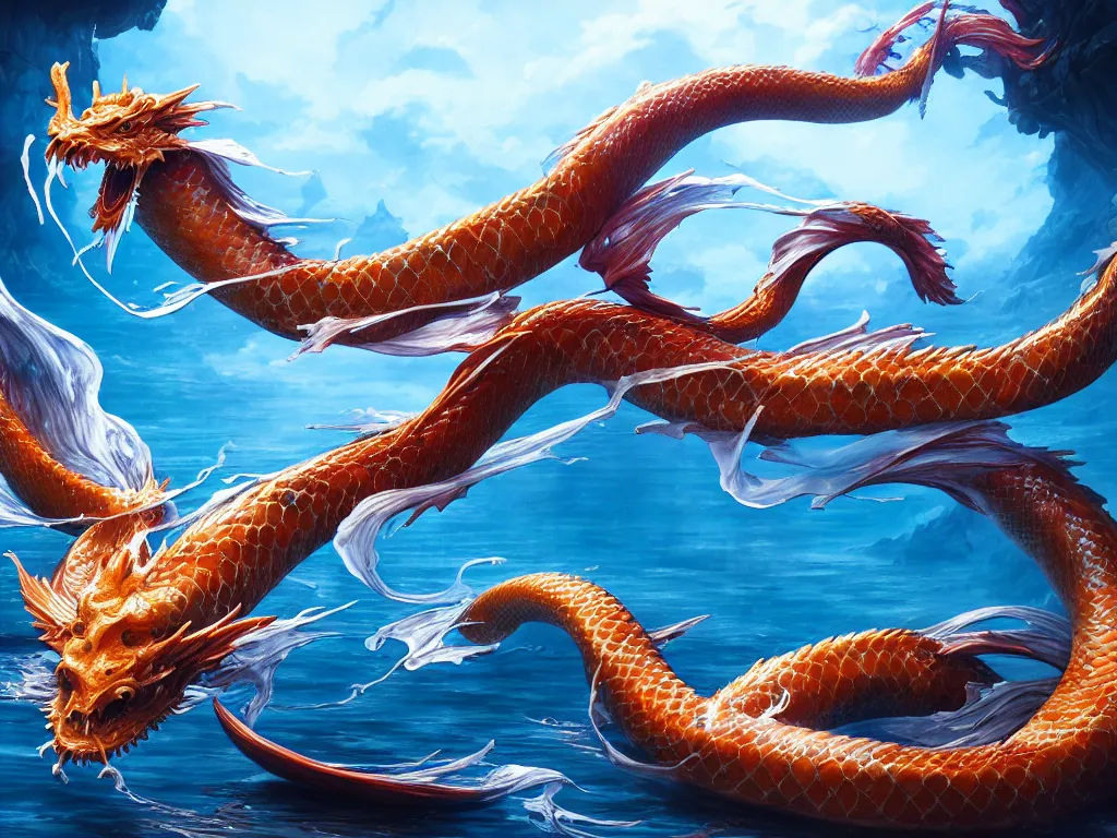 Image similar to intertwined koi dragon fish, water torrent background, jesper ejsing, james jean, justin gerard, tomasz alen kopera, cgsociety, fenghua zhong, makoto shinkai, octane render, highly detailed, rim light, cinematic lighting, hyper realism, high detail, intricate, 4 k, masterpiece