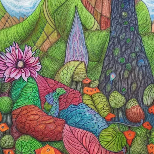 Image similar to Colored pencil art on paper, highly detailed, artstation, People, Plants and Trees, Animals, Magical Creatures, buildings, scenery, enchanted landscapes, PrismaColor