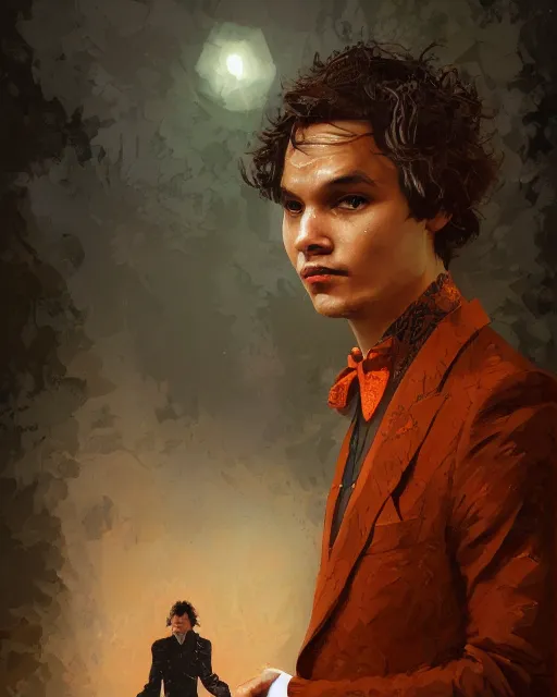 Prompt: frank dillane in a black and orange tuxedo, shy, adorable, seductive, sexy, intricate, digital painting, old english, whimsical background by marc simonetti, artwork by liam wong