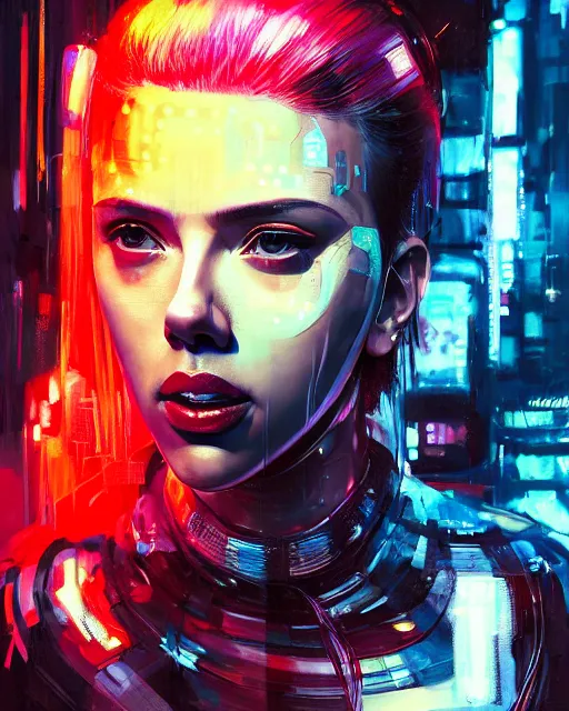 Prompt: detailed portrait Scarlett Johansson, cyberpunk futuristic neon, reflective crop top and shorts, boxing gloves, decorated with traditional Japanese ornaments by Ismail inceoglu dragan bibin hans thoma greg rutkowski Alexandros Pyromallis Nekro Rene Maritte Illustrated, Perfect face, fine details, realistic shaded, fine-face, pretty face