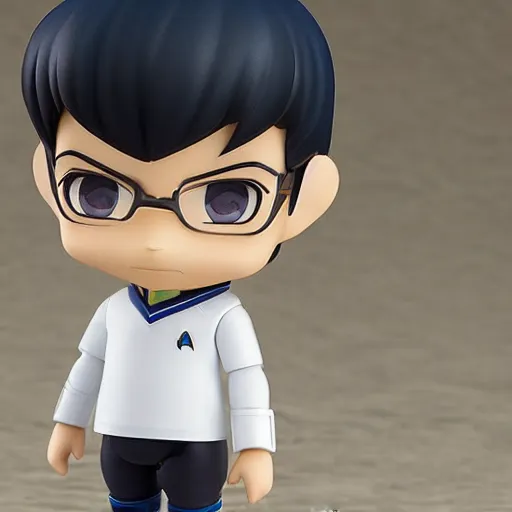 Image similar to spock from the tv series star trek, serious look, pointed ears, spock haircut, as an anime nendoroid, starfleet uniform, detailed product photo