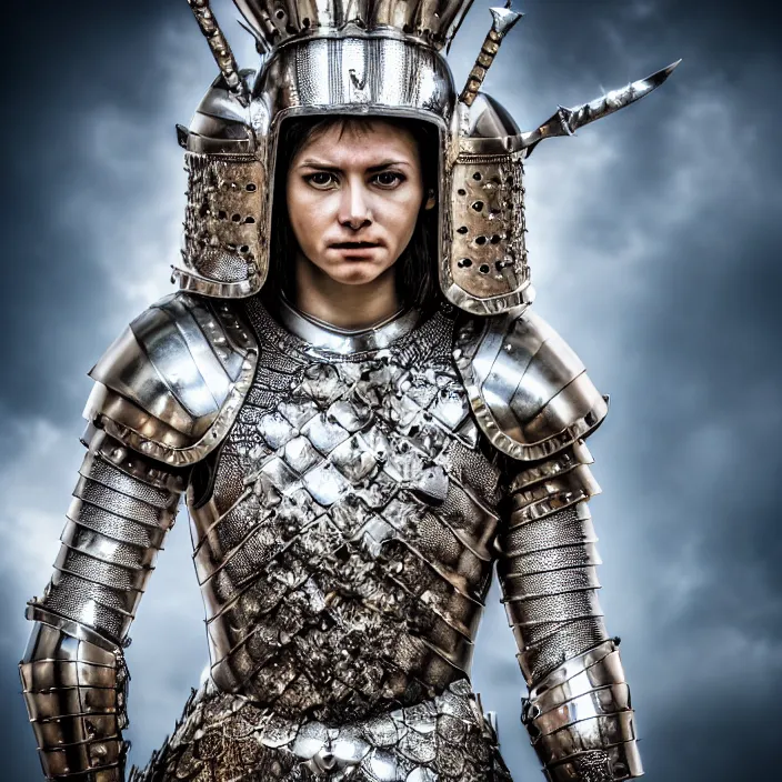 Image similar to photo of a warrior queen wearing diamond encrusted armour, highly detailed, 4 k, hdr, smooth, sharp focus, high resolution, award - winning photo