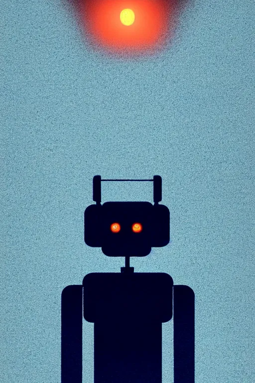 Prompt: a sad robot going for a walk in the park, Mads Berg, Karolis Strautniekas, film noir, stippled light, dramatic lighting,editorial illustration, detailed,fine texture, matte print, art deco, dark blue + dark orange, red, black,octane render, unreal engine, redshift render, 3D