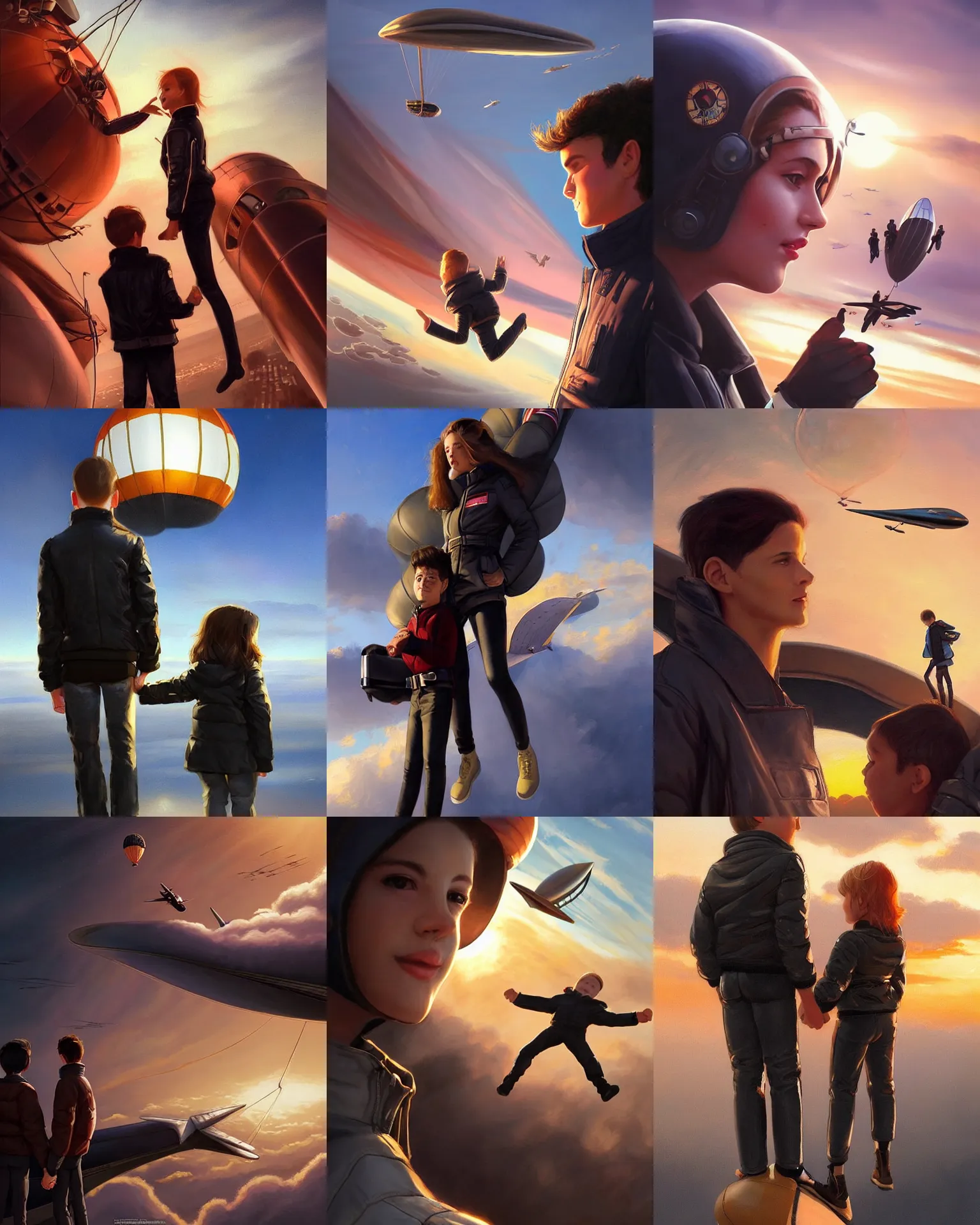 Prompt: beautiful tall aviator girl !!!! in black bomber jacket and an explorer boy holding hands looking out of a flying zeppelin!!!!! during sunset, close up, cinematic, photorealistic, ultrarealistic, textured, painting by artgerm and greg rutkowski artstation