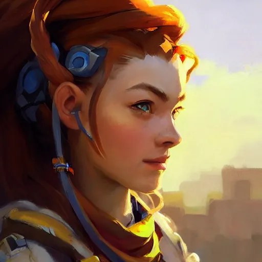 Image similar to greg manchess portrait painting of a aloy as overwatch character, medium shot, asymmetrical, profile picture, organic painting, sunny day, matte painting, bold shapes, hard edges, street art, trending on artstation, by huang guangjian and gil elvgren and sachin teng