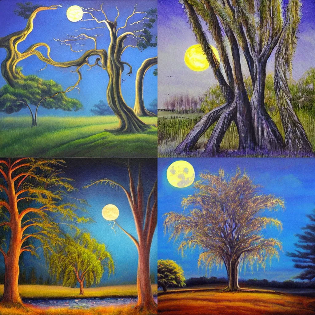 Prompt: willow tree with bent trunk under the light of a full moon magical realism painting