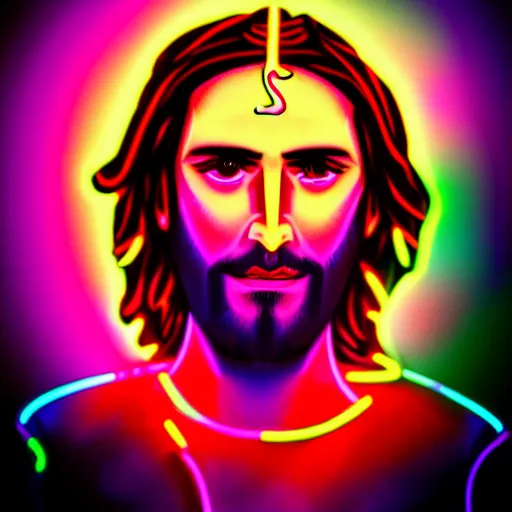 Prompt: jesus christ as a rave party dj, neon lights, detailed illustration, perfect face, 8 k