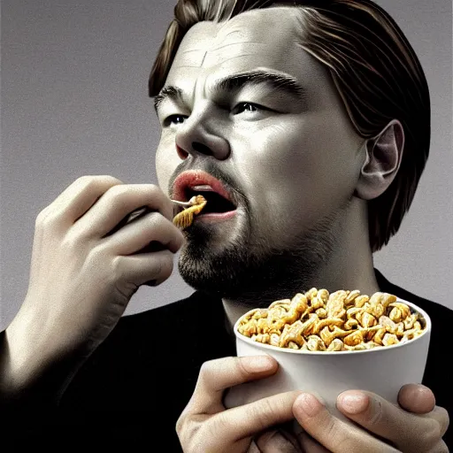 Image similar to a detailed portrait of leonardo dicaprio eating cereal with a fork, art illustration, incredibly highly detailed and realistic, 8 k, sharp focus