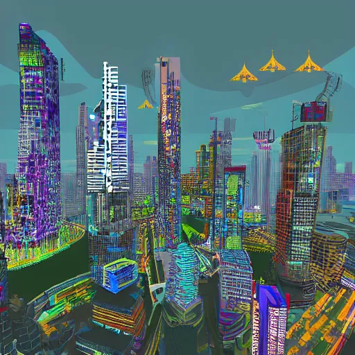 Image similar to bangkok skyline cyberpunk pixel art