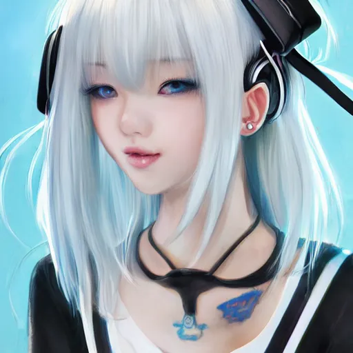 Image similar to realistic detailed semirealism beautiful gorgeous natural cute excited happy Blackpink Lalisa Manoban white hair white cat ears blue eyes, wearing black camisole outfit, headphones, black leather choker artwork drawn full HD 4K high resolution quality artstyle professional artists WLOP, Aztodio, Taejune Kim, Guweiz, Pixiv, Instagram, Artstation