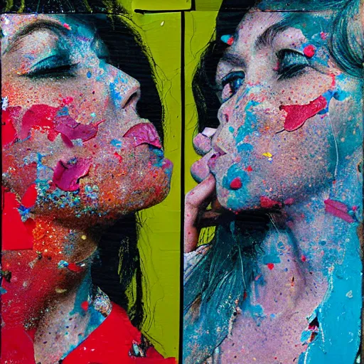 Prompt: double exposure of two women kissing ( closeup ) and a bizarre painting, lomography. this photograph is subsequently printed out and splattered with paint. mixed media collage art with magazines and found art