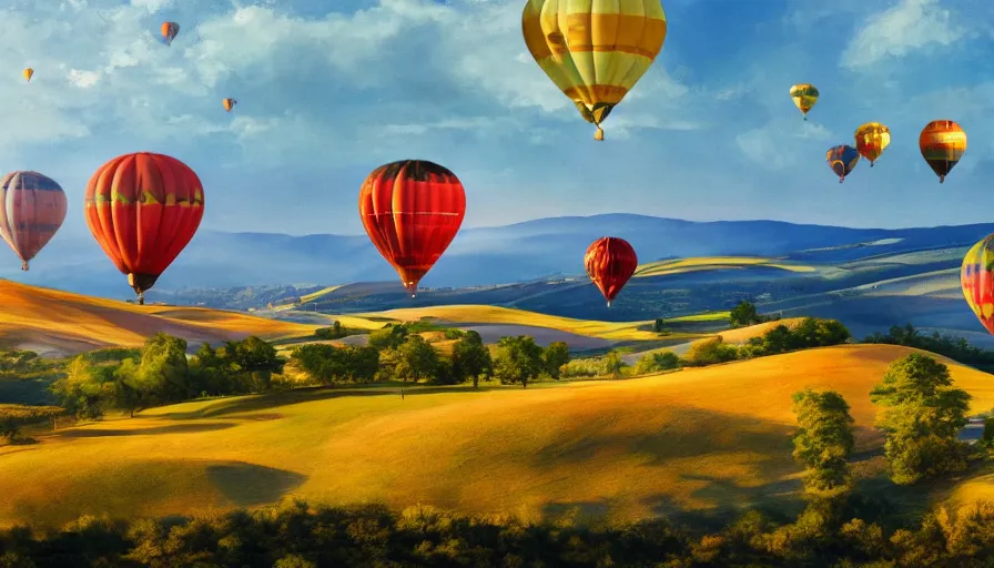 Prompt: a beautiful landscape painting, flying colorful hot air balloons, tuscany hills, by sam guay, moody lighting, hyperrealism, 4 k, octane render