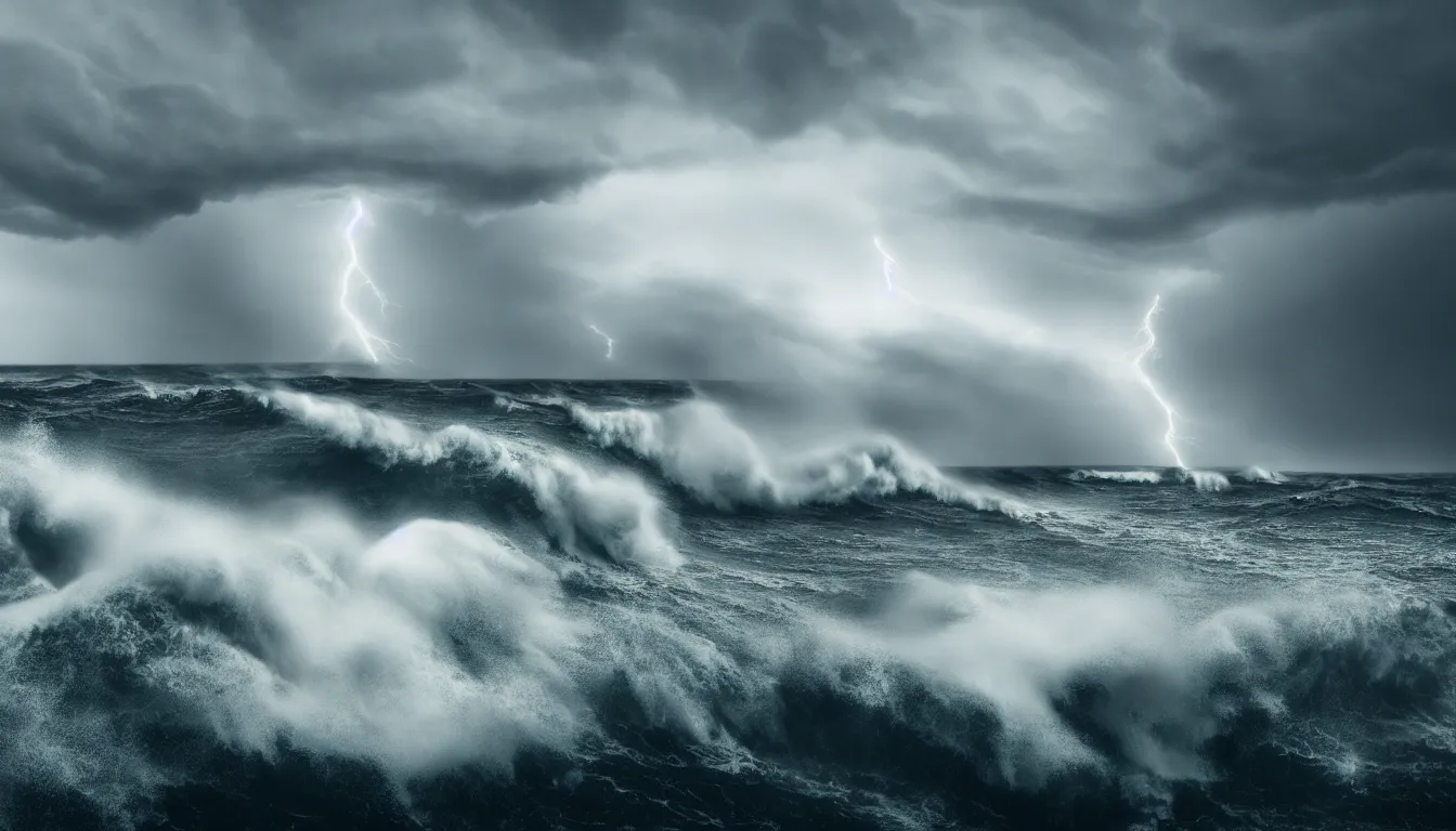 Image similar to lake, big waves, strong wind, raining, storm, distant thunder, launched nuclear rockets far away, atmospheric, scary, claustrophobic, ambient vibe, very detailed, high resolution, 8 k