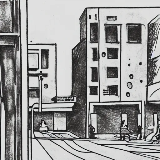 Prompt: drawing of a street in tel aviv with bauhaus buildings in a junction. art
