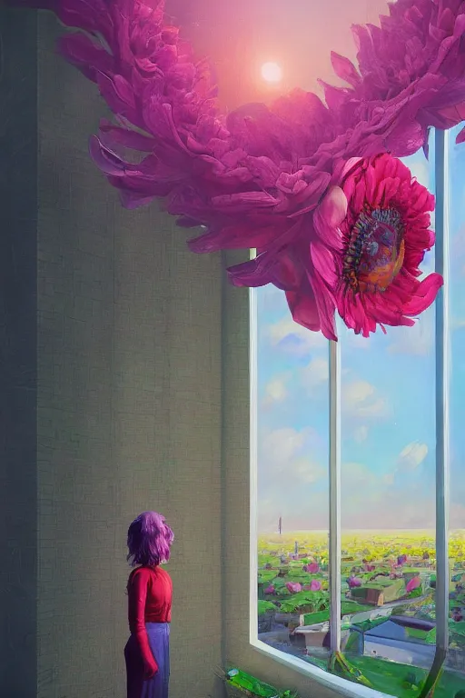 Image similar to closeup, huge flower as head, woman standing by tall modern windows, luxury apartment, surreal photography, sunlight, impressionist painting, digital painting, artstation, simon stalenhag