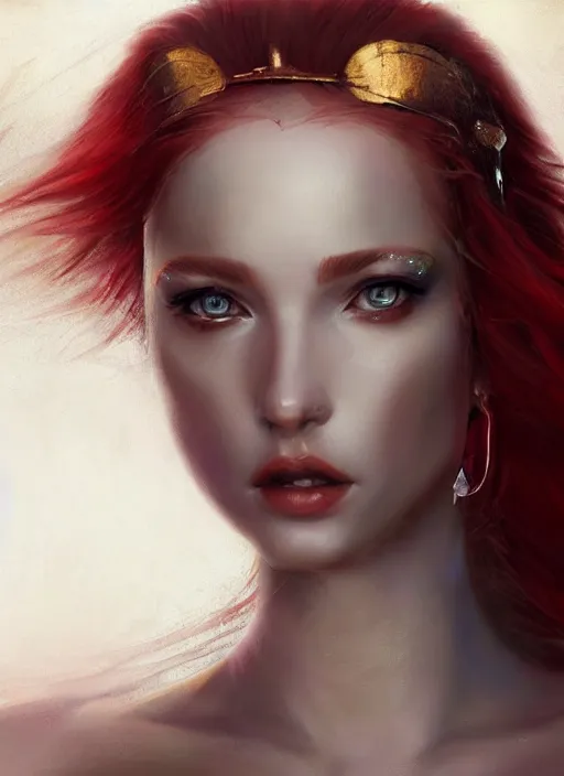 Image similar to sketch of cute beautiful red haired super model as futuristic aphrodite greek goddess wearing a holographic headdress, beautiful piercing gaze with sharp pupils, in the style of greg rutkowski, fantasy, amazing detail, epic, elegant, smooth, sharp focus, front view
