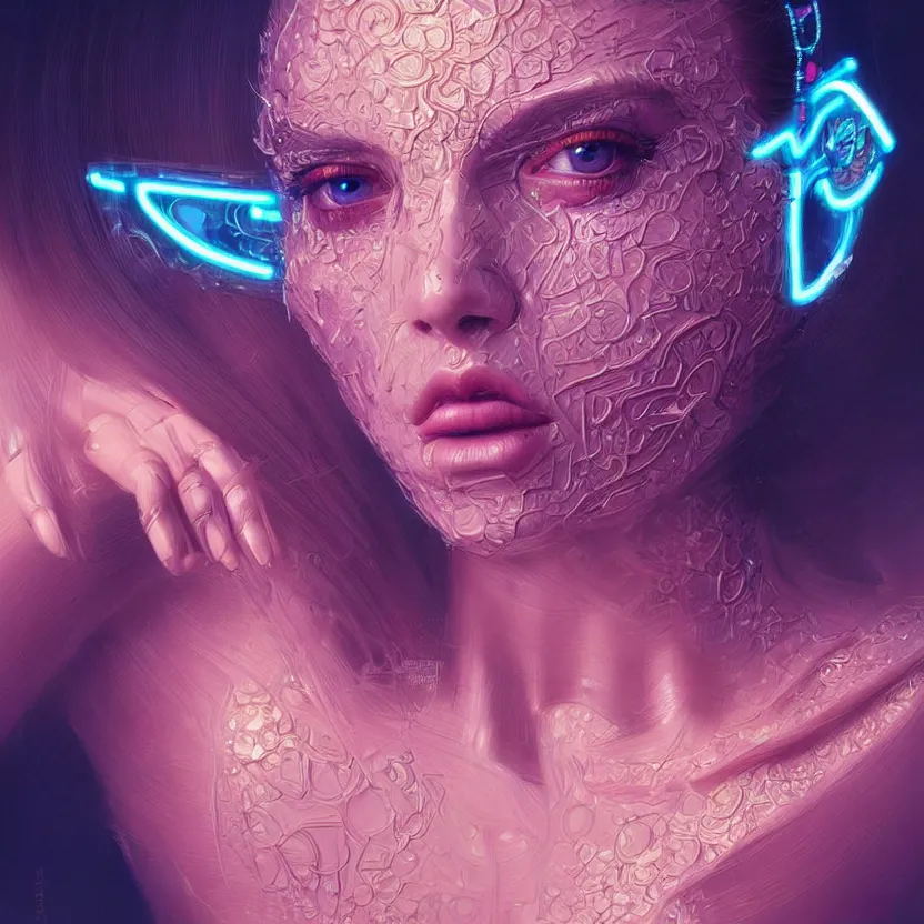 Image similar to a highly detailed photo of very intricate female face portrait, futurism, rococo cyber neon lighting, detailed futuristic fibonacci jewelry, profile posing, hyper photorealistic, crispy quality, digital photography, trending in pinterest, cinematic, 4 k ultra hd, art by pascal blanche, art by greg rutkowski, art by artgerm,