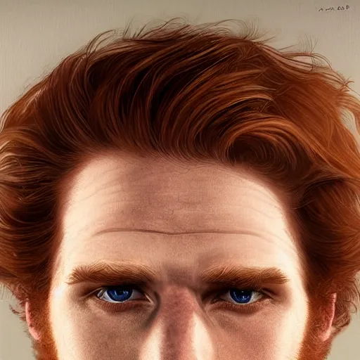 Image similar to 2 4 - year - old man, masculine face, square jaw, ginger hair, dark blue eyes, hyper realistic face, beautiful eyes, highly detailed, digital painting, smooth, sharp, beautiful face, expressive eyes, long fluffy wavy ginger hair, art by greg rutkowski and alex gray