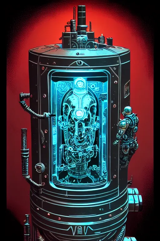 Image similar to steampunk cryo chamber containing an cyborg, high details, intricately detailed, by vincent di fate, inking, 3 color screen print, masterpiece, trending on artstation,, sharp, details, hyper - detailed, hd, 4 k, 8 k