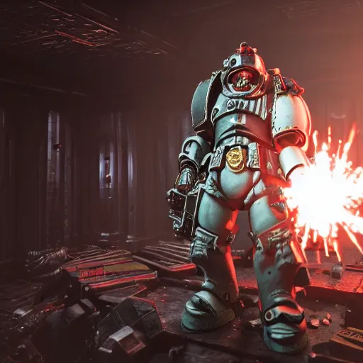 Image similar to very sad crying guardsman in a space hulk from warhammer 4 0 k darktide : : octane render, unreal engine 5, cinematic lighting