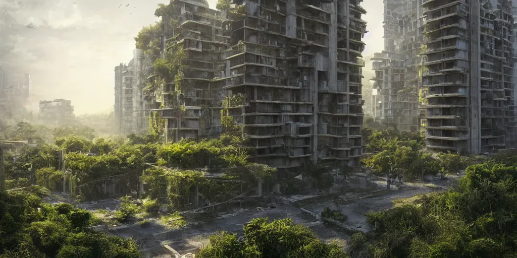 Prompt: An abandoned expansive brutalist city made of concrete:: overgrown by green plants and lit by sunlight:: Beautiful lighting:: highly detailed digital art, trending on Artstation::
