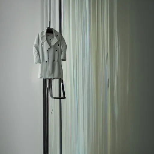 Image similar to an ultra high definition professional studio quality photograph of a transparent iridescent perspex pastel coloured raincoat on a white coat hook in an empty white room. dramatic lighting, ray tracing, refraction, shallow d. o. f, colour corrected, golden ratio, three point light.