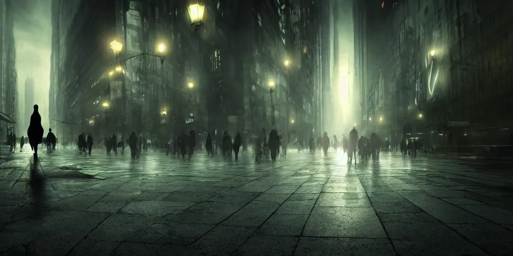 Prompt: powerful shadow biped moving through dark city, fantasy realism hyper-realistic, octane render, epic painting