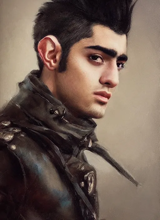 Image similar to head and shoulders portrait painting of young man who looks like zayn malik as an elf by jeremy mann, wearing leather napoleonic military style jacket, only one head single portrait, pointy ears, dark background, soft top lighting