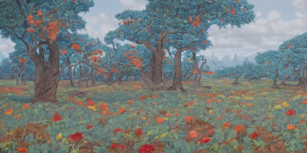 Image similar to landscape painting at noon by james jean and David Schnell painted in no mans land style